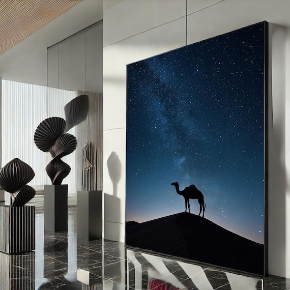 Camel Silhouette On Dune Starry Milky Way Night Desert Sky Poster