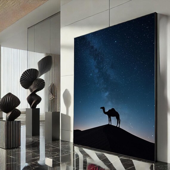 Starry Night Camel Silhouette Canvas Wall Art Print Minimalist Blue Living Room Decor Ready To Hang