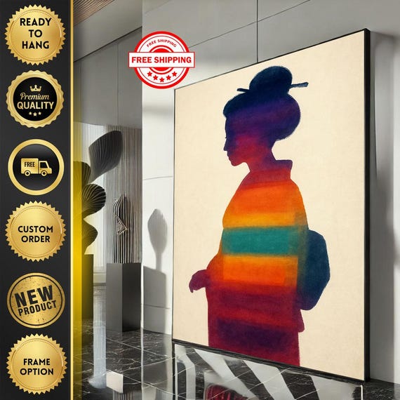 Bold Japanese Woman Silhouette Canvas Wall Art Print Vibrant Living Room Decor Ready To Hang