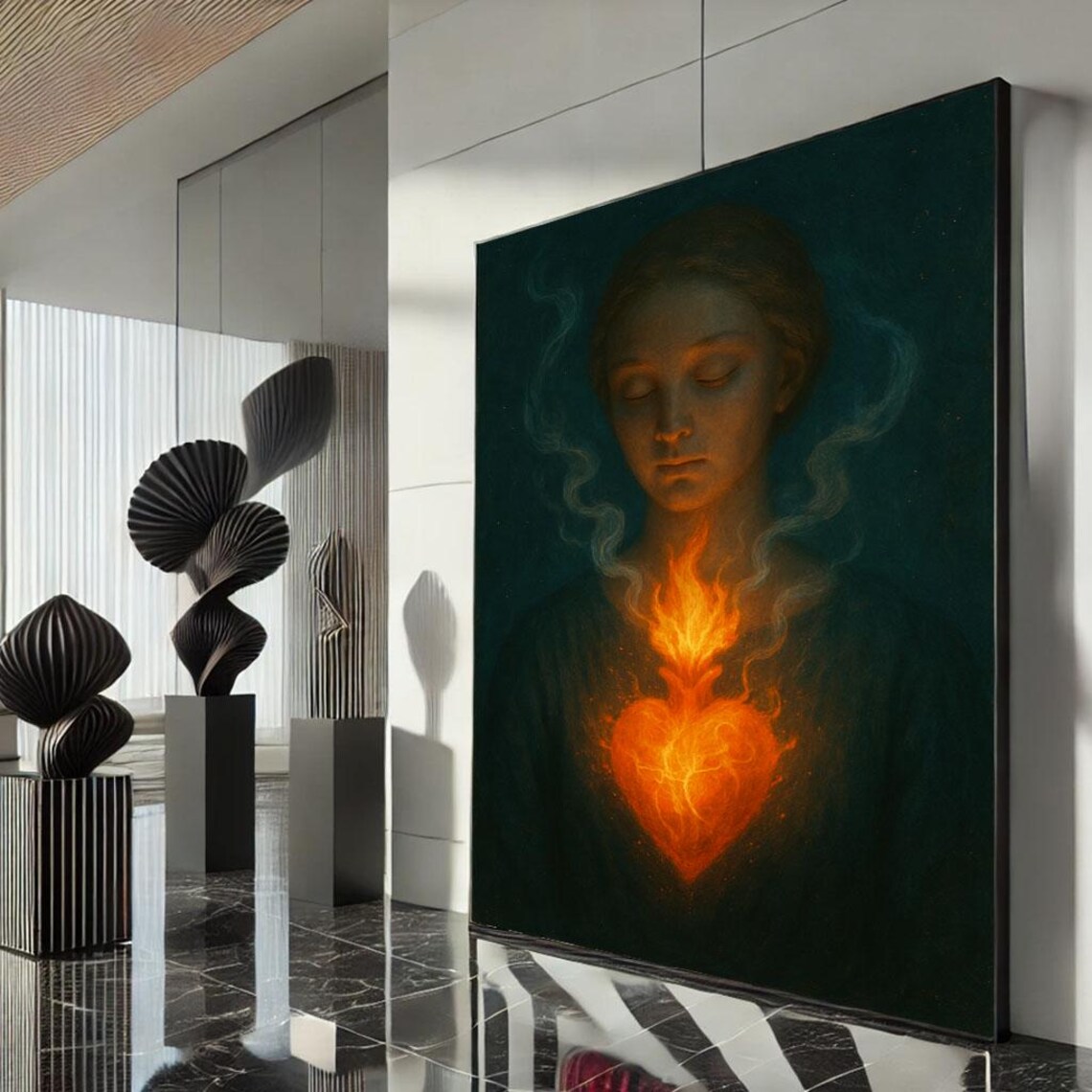 Surreal Woman with Burning Fiery Heart Chest Portrait Poster