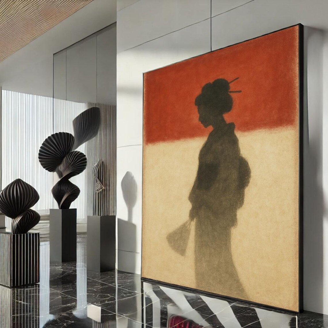 Minimalist Geisha Silhouette Rising Sun Red and Gold Abstract Poster