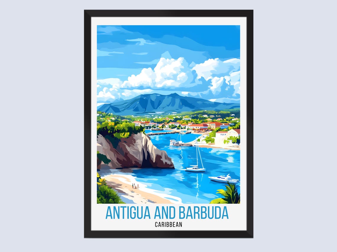Antigua and Barbuda Caribbean Coastal Bay Scenic Travel Poster