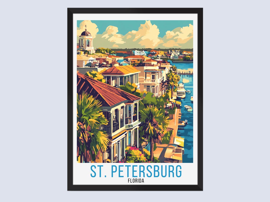 St Petersburg Florida Waterfront Rooftops Retro Travel Poster