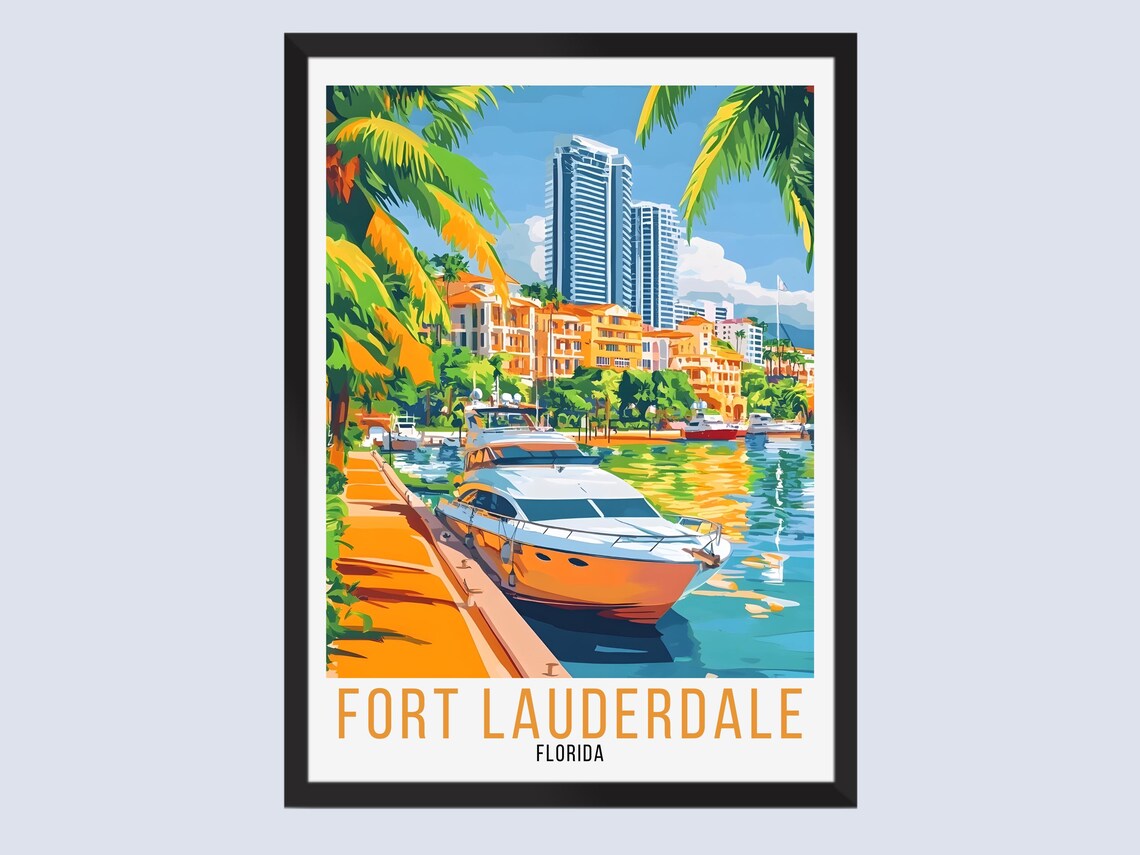 Fort Lauderdale Florida Yacht Harbor Skyline Palm Trees Travel Poster