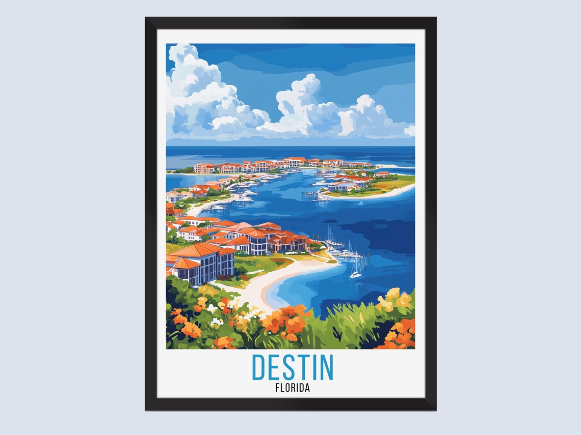 Destin Florida Bay Travel Poster Retro Red Roof Marina Sailboat Scene