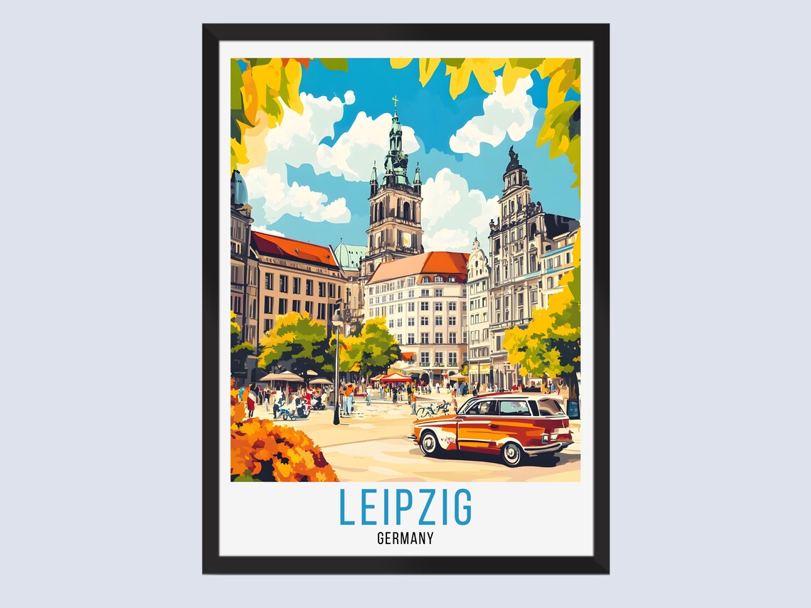 Leipzig Germany Old Town Square Historic Church Vintage Travel Poster