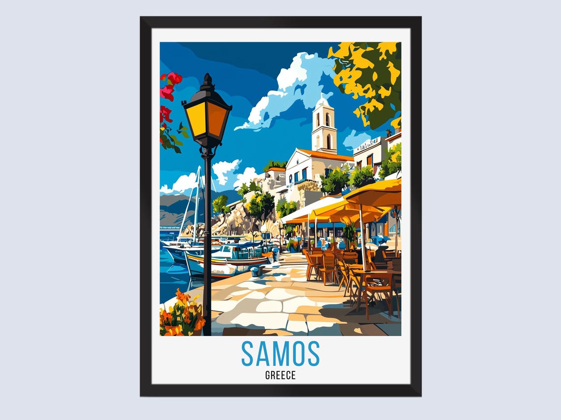 Samos Greece Sunny Harbor Waterfront Cafes Vintage Travel Poster
