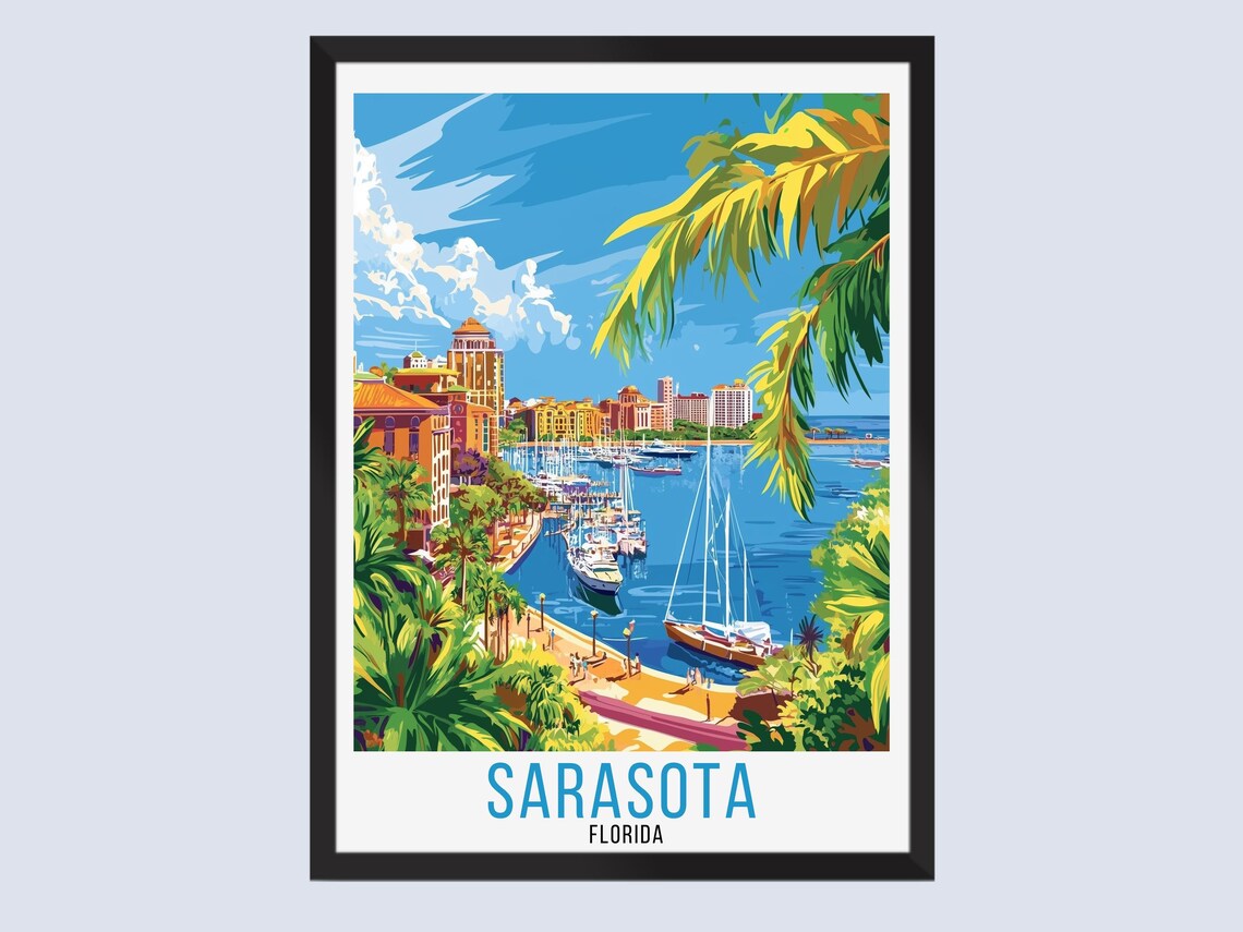 Sarasota Florida Vintage Travel Poster Sailboat Harbor Palm Trees Art