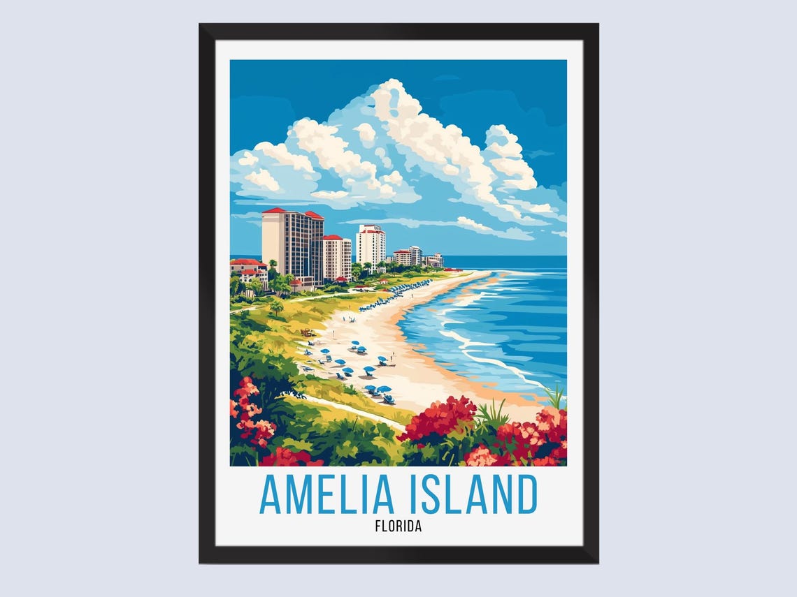Amelia Island Florida Travel Poster Beach Resort Coastline Art