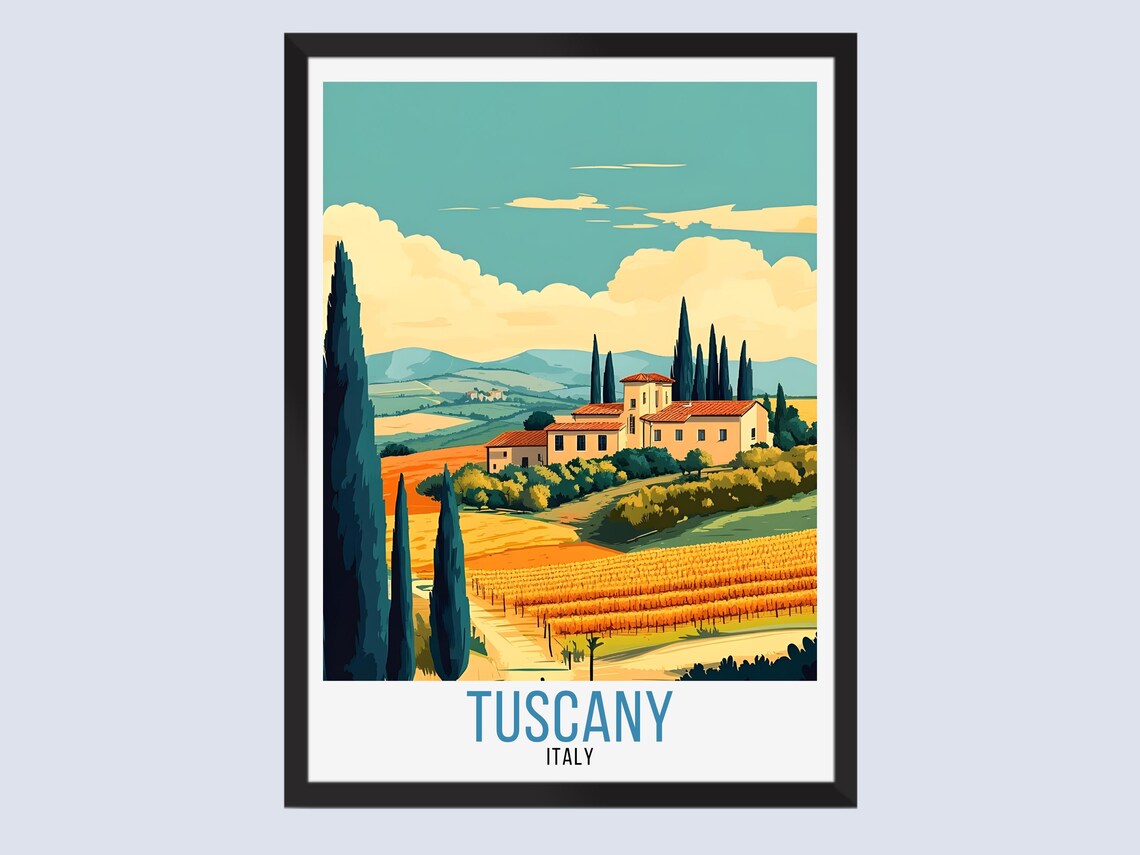 Tuscany Italy Vineyard Villa Cypress Trees Countryside Travel Poster