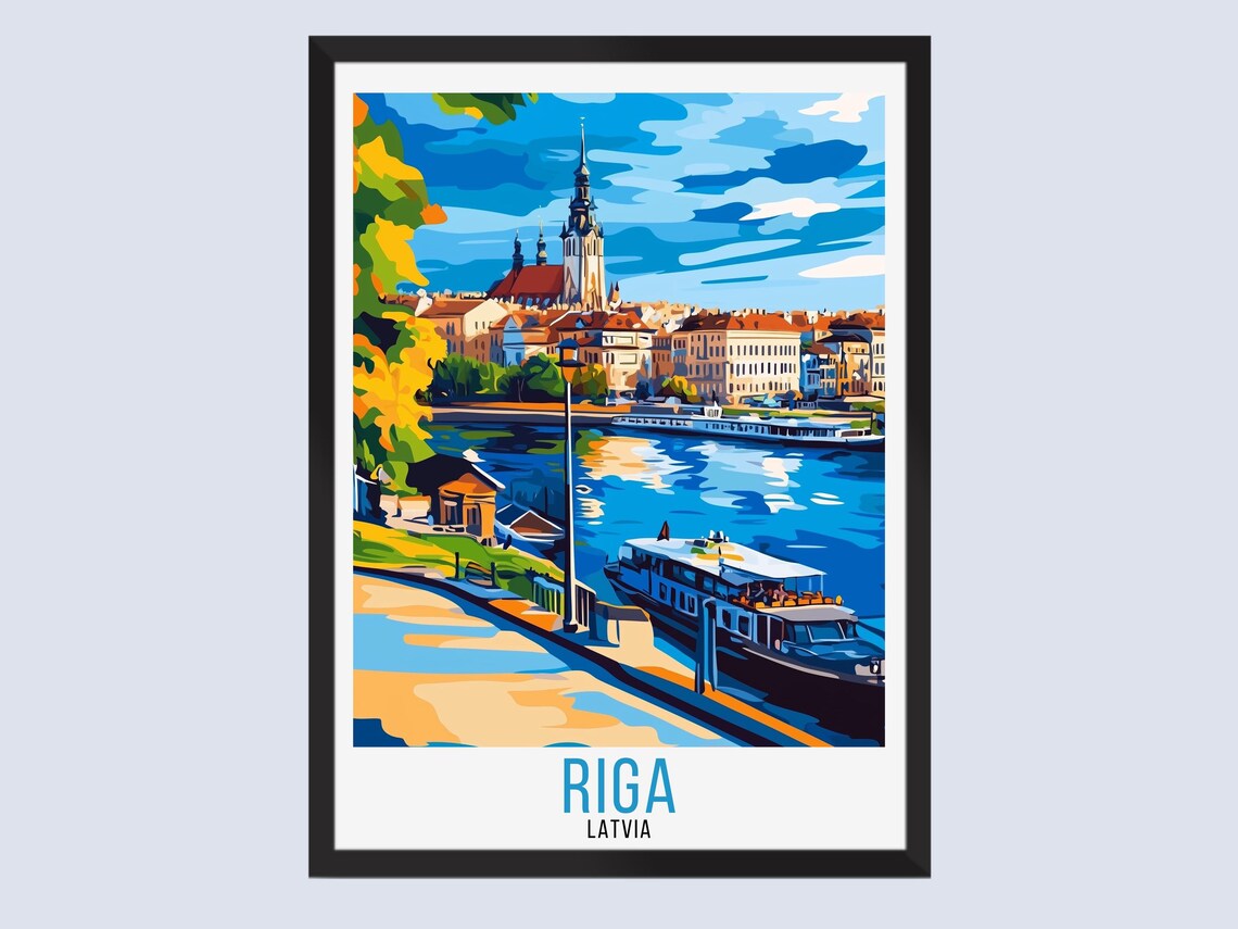 Riga Latvia Old Town River Boats Church Spire Retro City Travel Poster