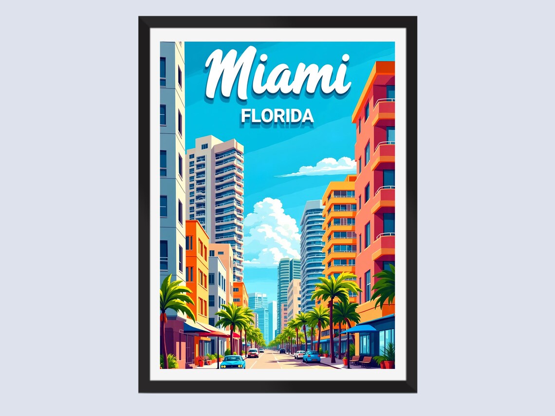 Miami Florida Retro Travel Poster Palm Lined City Street Scene