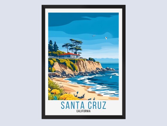 Santa Cruz California Cliff Beach House Surf Scene Vintage Poster