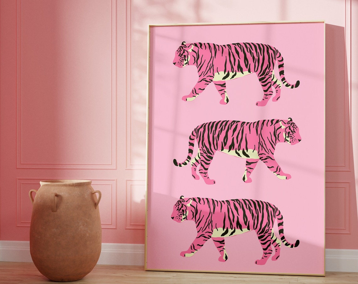 Preppy Pink Tiger Trio Bold Pop Art Animal Illustration Poster - Image 4