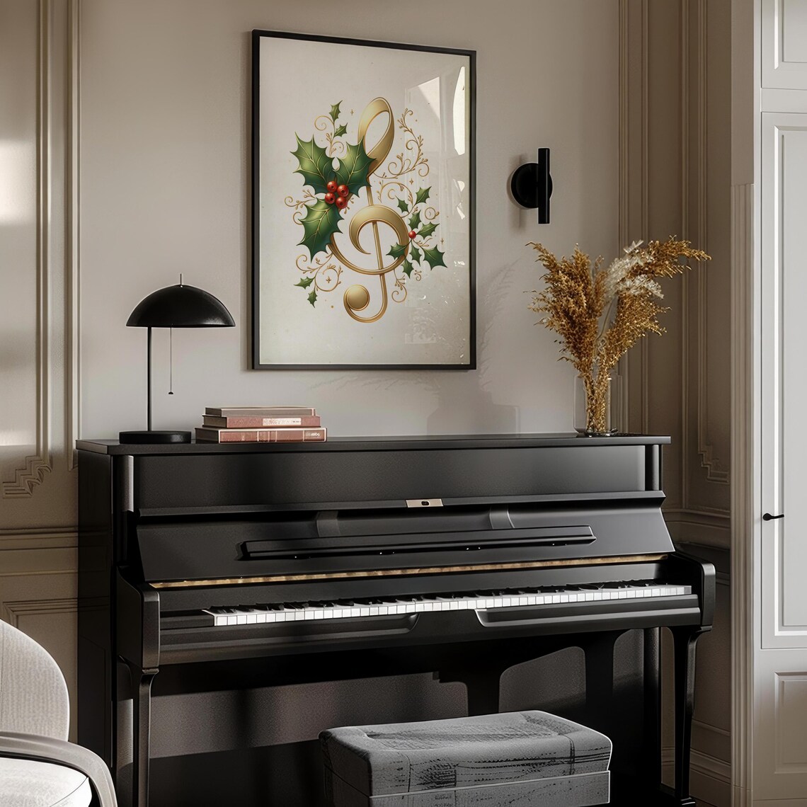 Golden Treble Clef With Holly Christmas Music Room Art Poster - Image 3