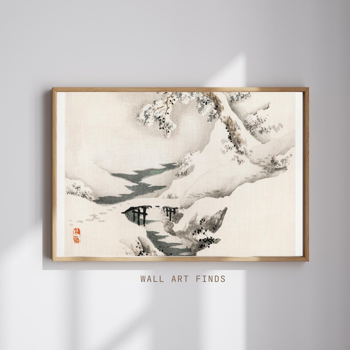 Serene Japanese Snowy Winter Bridge Landscape Ink Painting Zen Poster