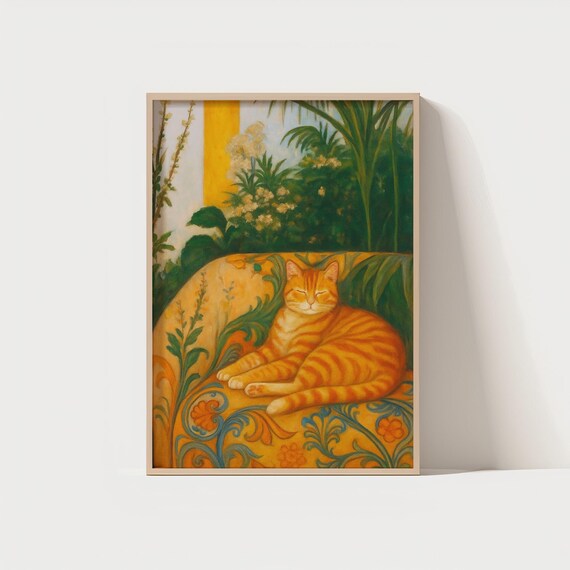 Orange Tabby Cat Sleeping on Floral Chair Vintage Style Art Poster