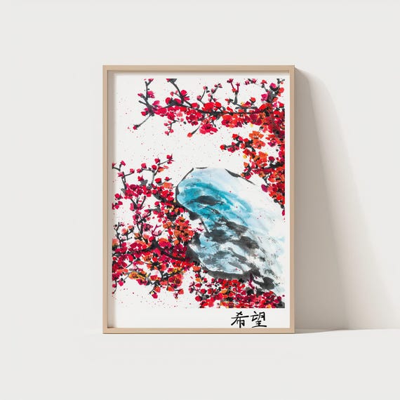 Japanese Wall Art Sumie Ink Painting Print Cherry Blossom Mountain Poster Asian Minimalist Home Decor