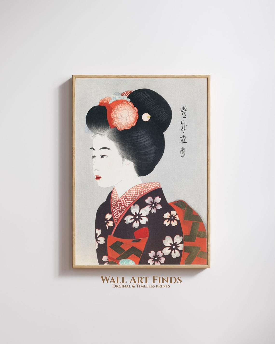 Japanese Geisha Profile in Dark Floral Kimono Bijinga Art Poster