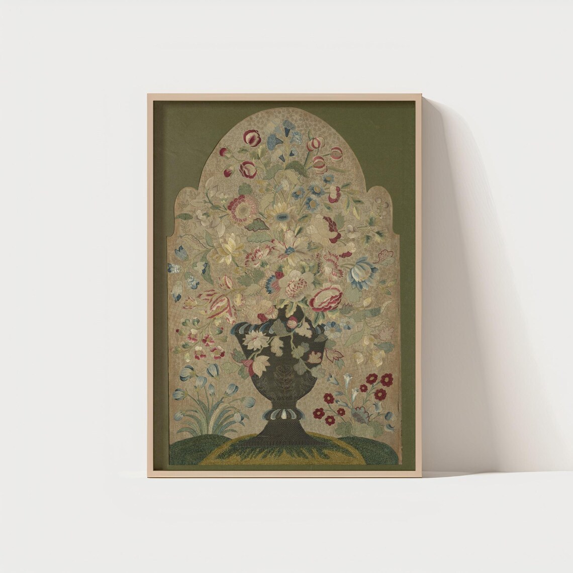 Vintage Floral Embroidered Vase Antique Tapestry Botanical Poster