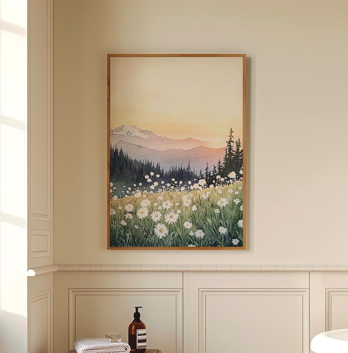Wildflower Meadow Watercolor Mountain Sunset Landscape Poster