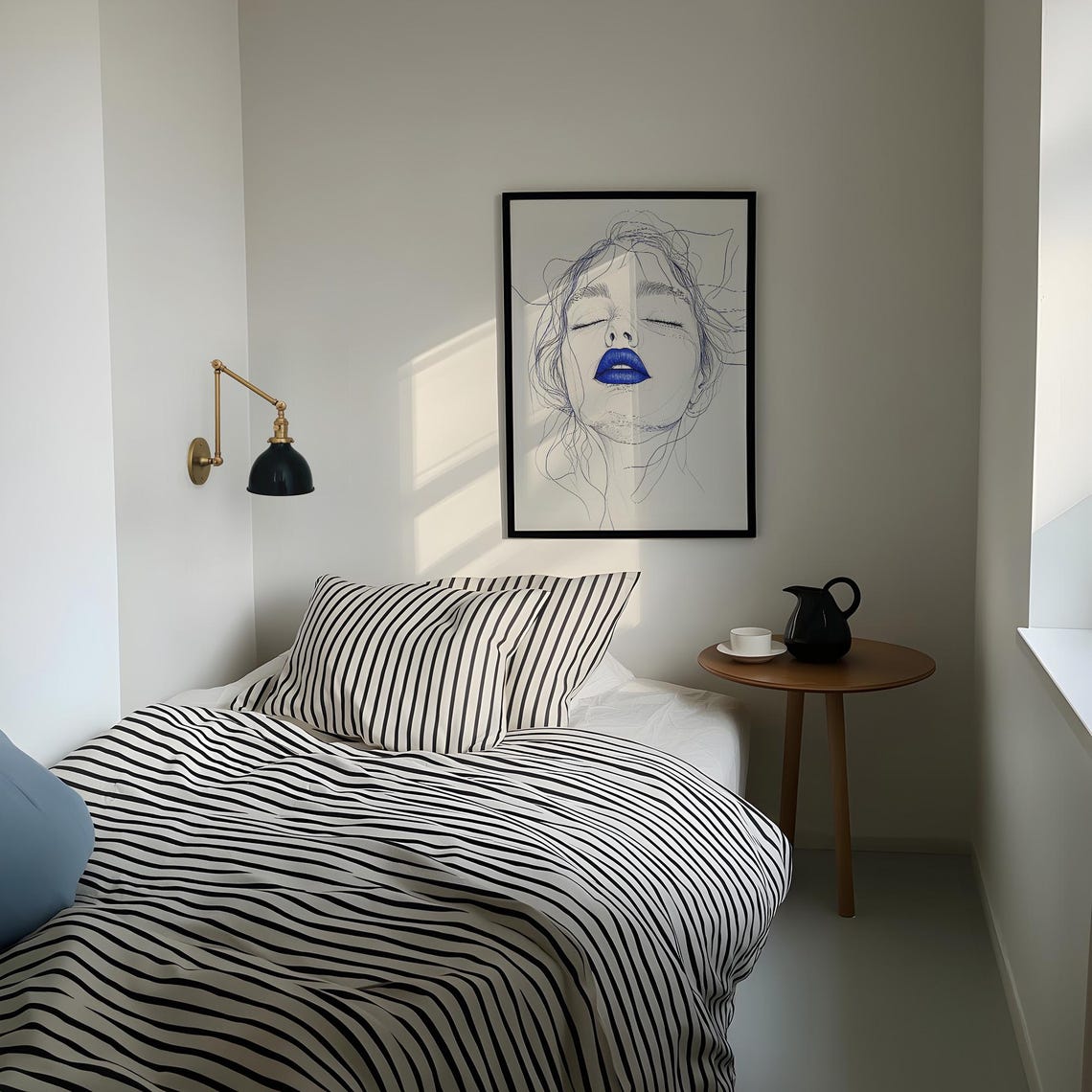 Minimalist Blue Lips Line Drawing Woman Face Portrait Wall Print - Image 4