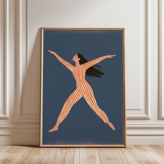 Dancing Woman Blue Abstract Stripe Large Wall Print Contemporary Artwork Minimalist Print Living Room Wall Art Print