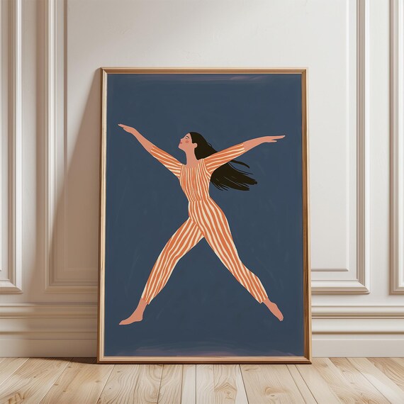 Dancing Woman in Orange Striped Jumpsuit Caught Mid Leap Poster