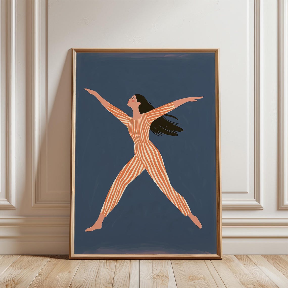 Dancing Woman in Orange Striped Jumpsuit Caught Mid Leap Poster