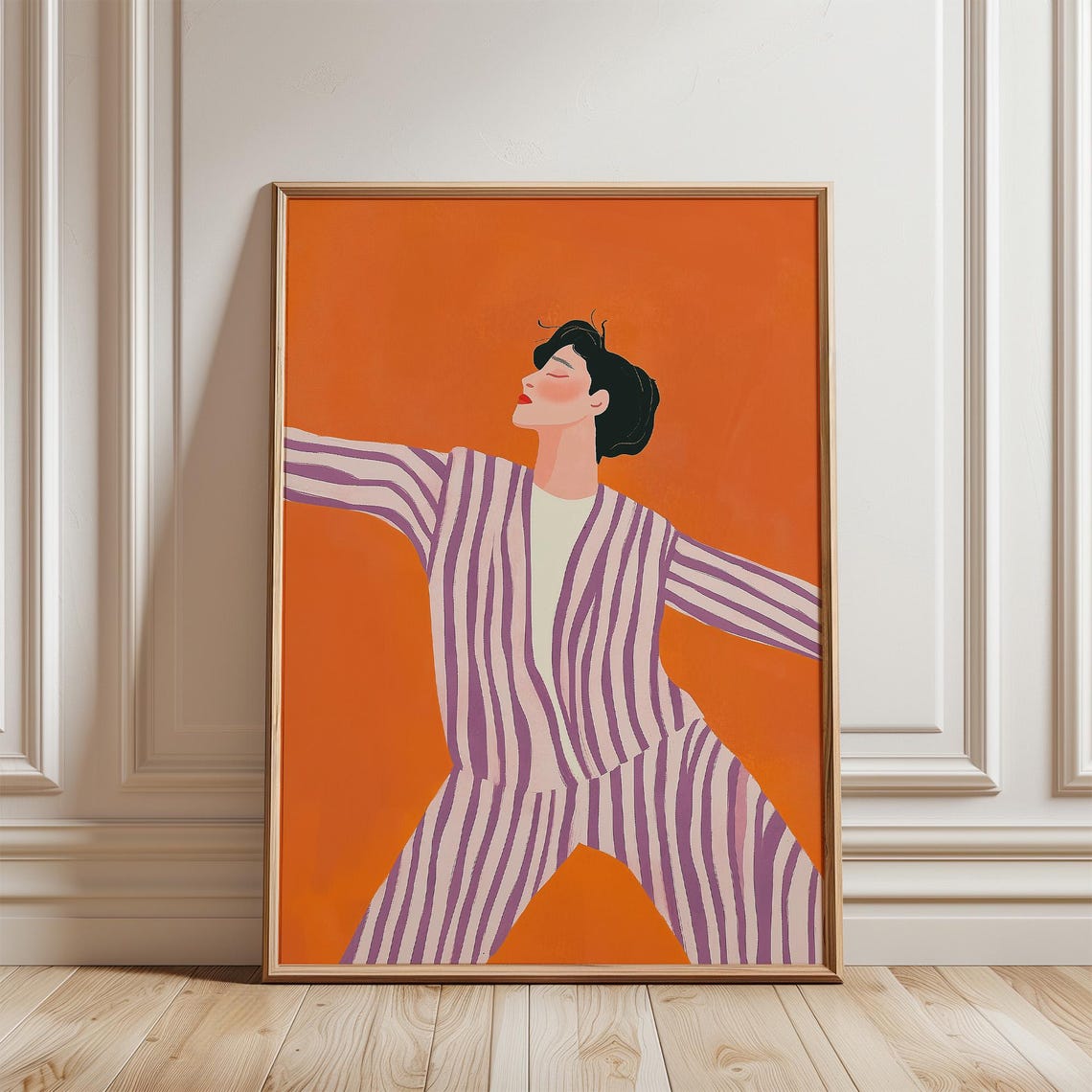 Joyful Dancing Woman in Striped Suit on Orange Background Poster