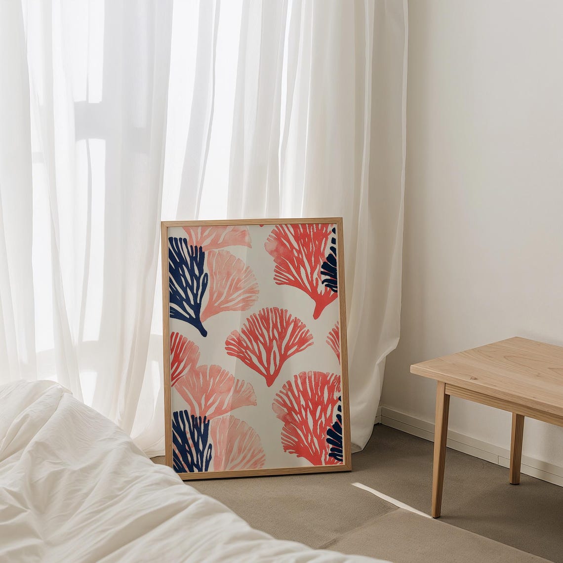 Coral Red and Navy Sea Fan Watercolor Coastal Pattern Poster - Image 5