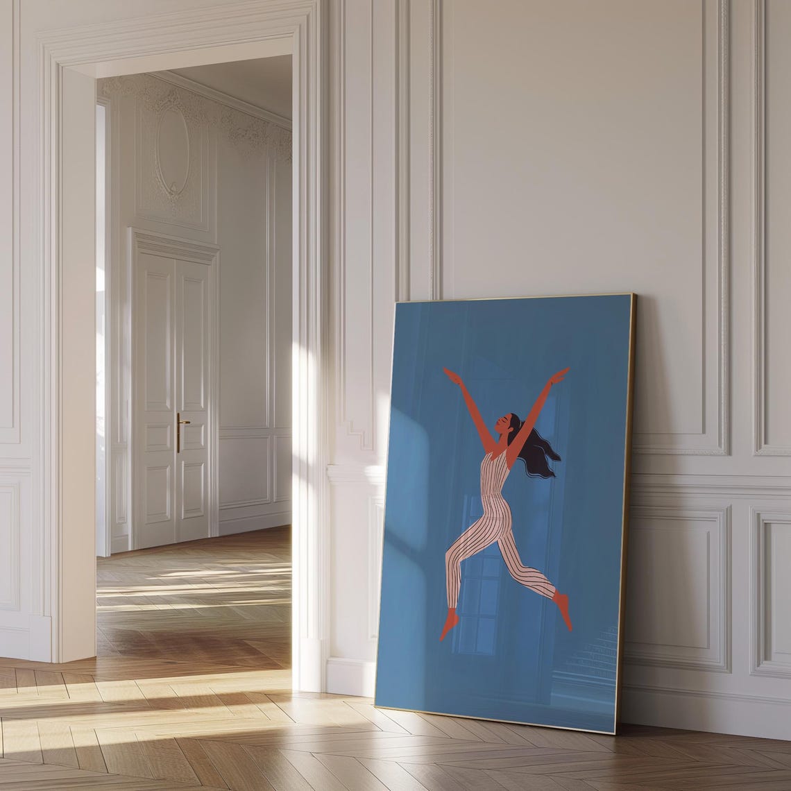Joyful Dancing Woman Leaping Blue Background Illustration Poster - Image 2