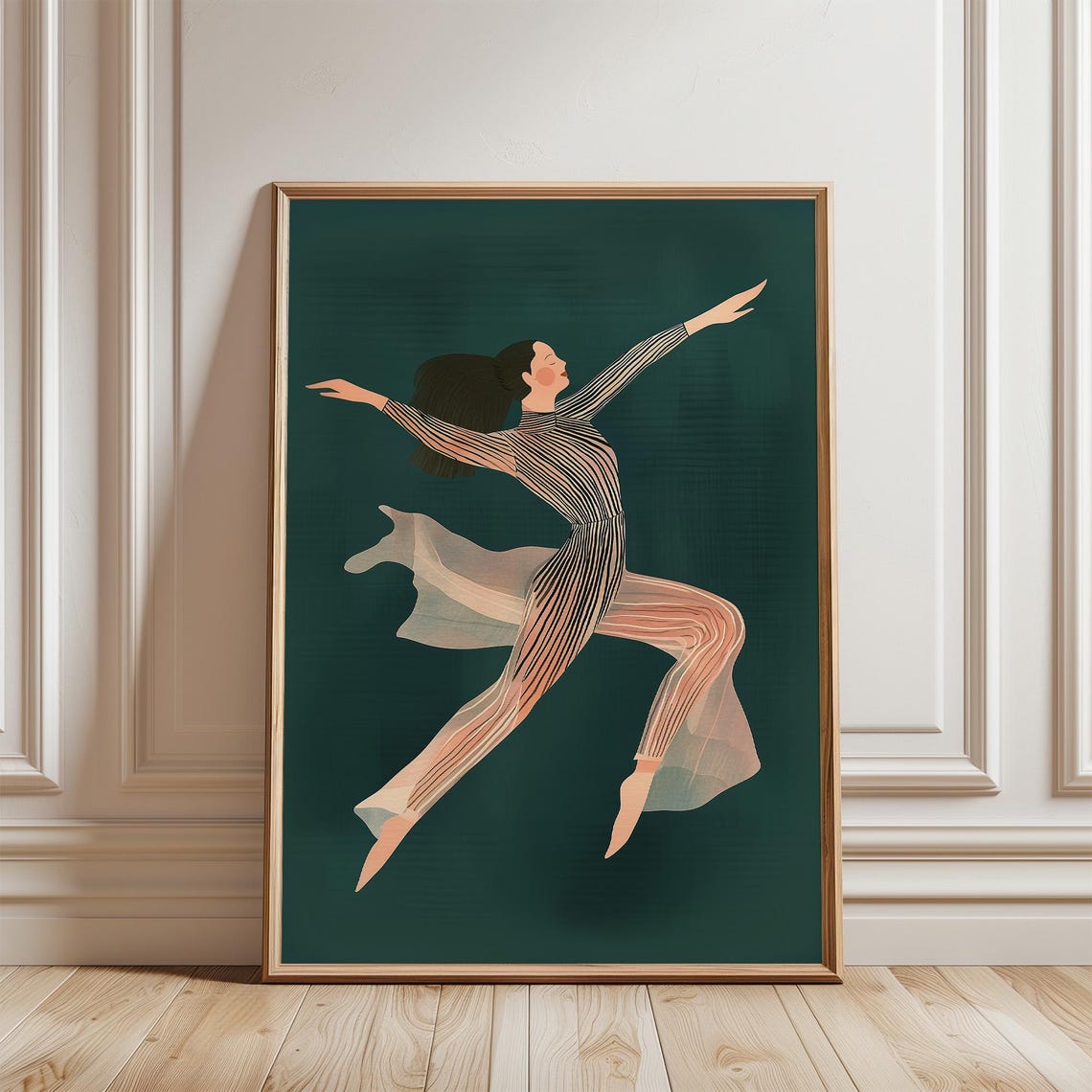 Graceful Dancer in Flowing Striped Dress on Dark Green Poster - Image 4