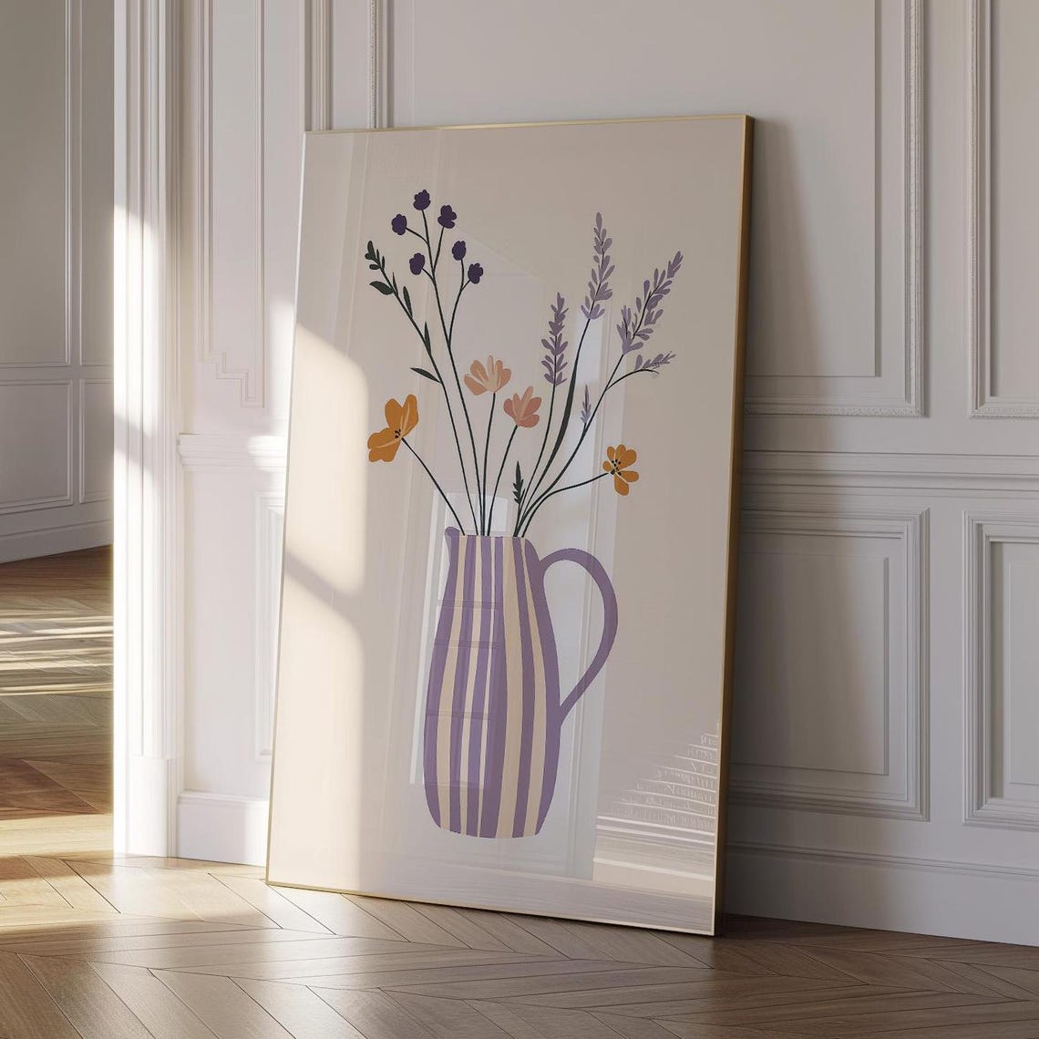 Delicate Wildflower Bouquet Striped Vase Minimalist Botanical Poster