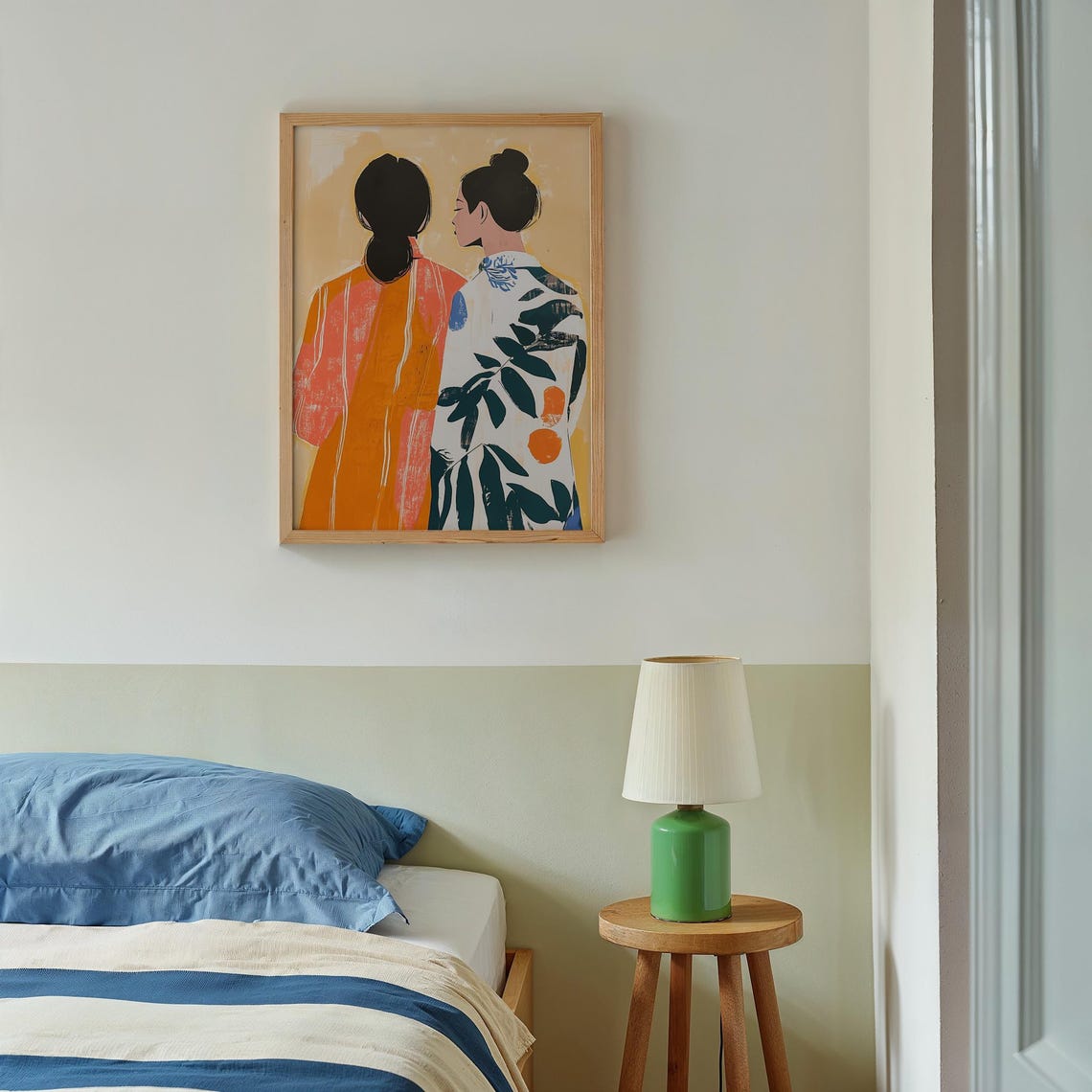 Two Women in Patterned Dresses Abstract Friendship Art Poster - Image 2