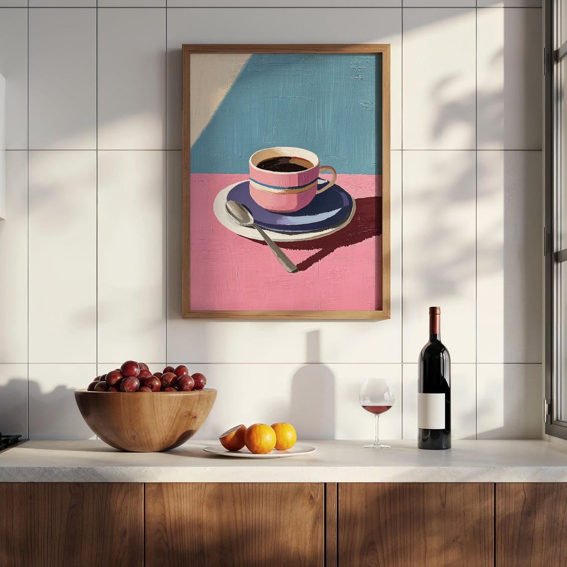 Coffee Cup Pink Blue Abstract Large Wall Art Contemporary Artwork Minimalist Print Coffee Lover Wall Art Stripe Print - Image 3
