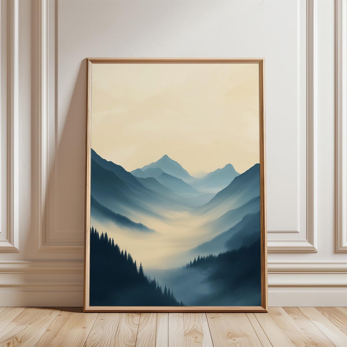 Misty Mountain Valley Landscape in Blue and Cream Tones Poster