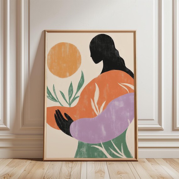 Boho Woman Silhouette Orange Sun Abstract Mid Century Poster