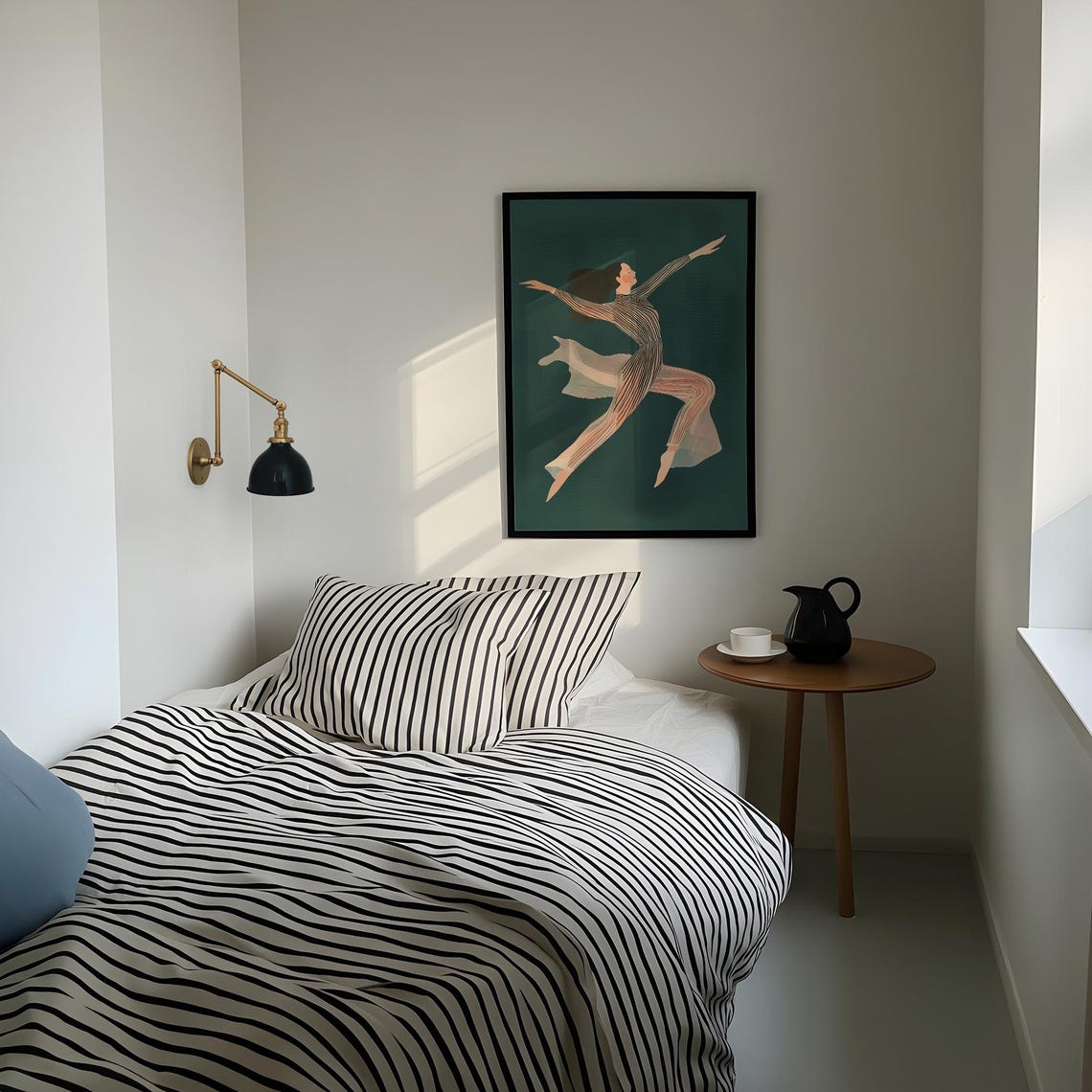 Graceful Dancer in Flowing Striped Dress on Dark Green Poster - Image 3