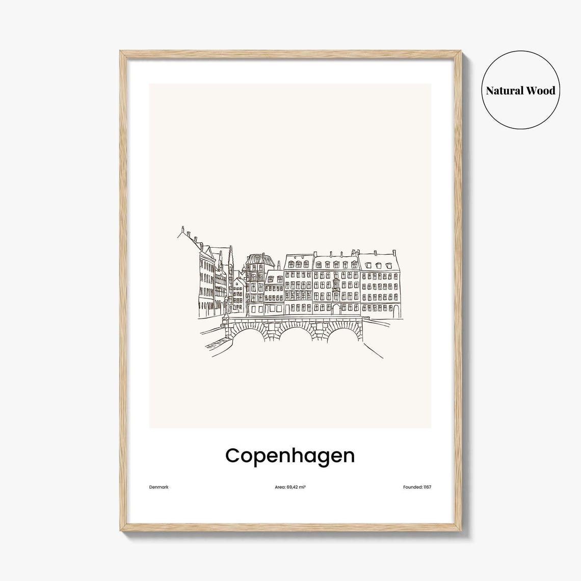 Copenhagen Denmark Canal Bridge Old Buildings Line Drawing Poster - Image 2