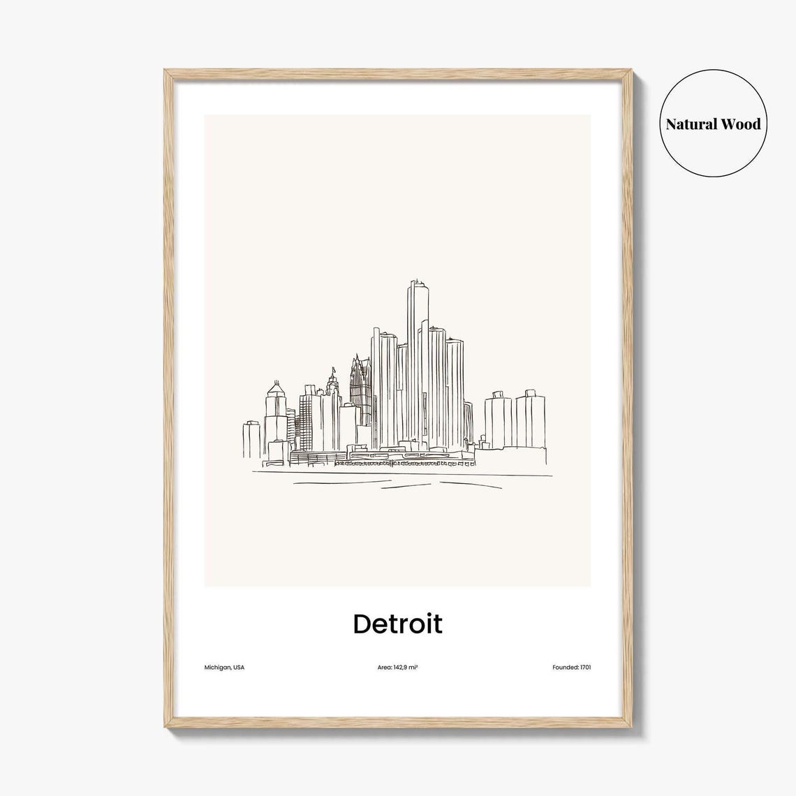 Detroit Michigan Downtown Skyline Minimalist Line Drawing Poster - Image 2