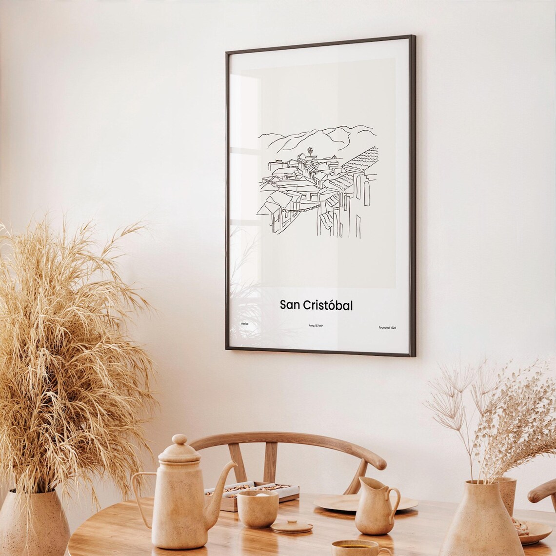 San Cristobal Mexico One Line Drawing Colonial Rooftops Mountain Art Poster - Image 3