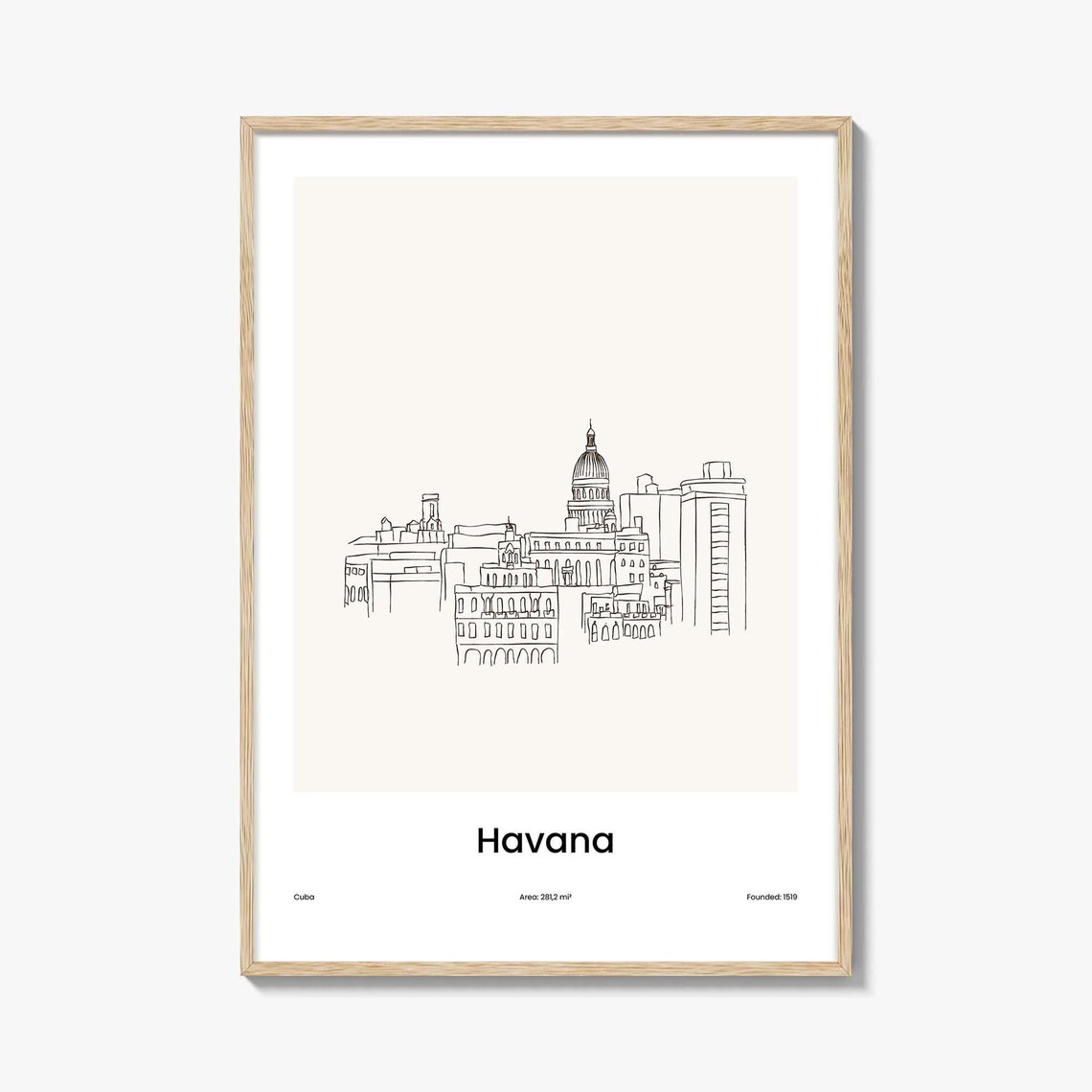 Havana Cuba Minimalist Line Drawing City Skyline Travel Poster
