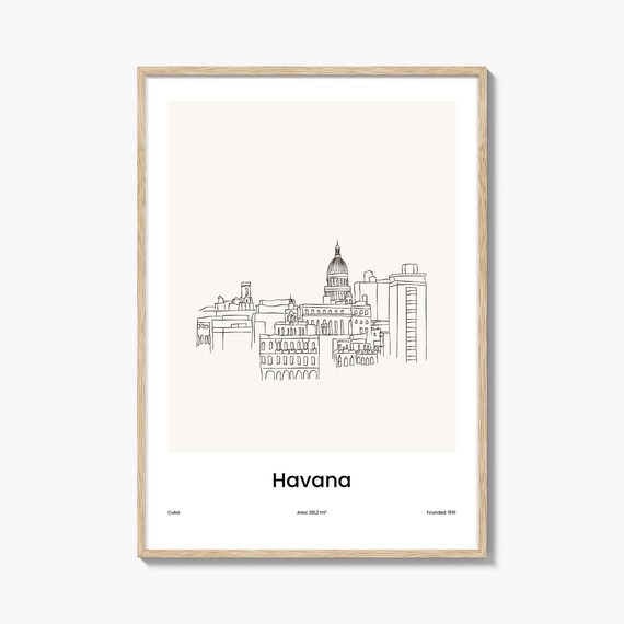 Havana Cuba Minimalist Line Drawing City Skyline Travel Poster