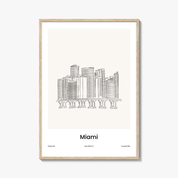 Miami Florida Waterfront Skyline Minimalist Line Drawing Poster