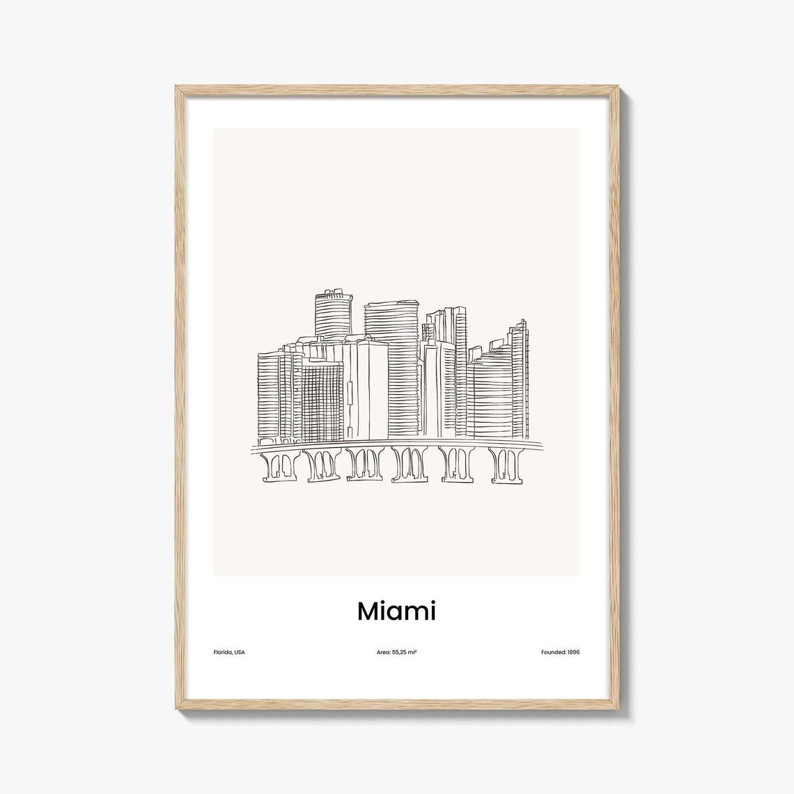 Miami Florida Waterfront Skyline Minimalist Line Drawing Poster