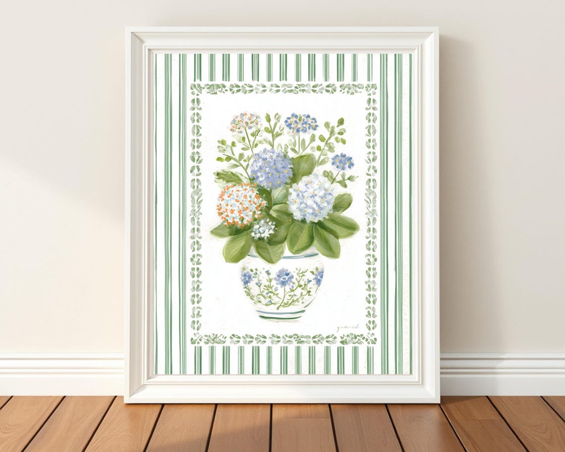 Blue Hydrangea Bouquet Chinoiserie Vase Vintage Botanical Poster