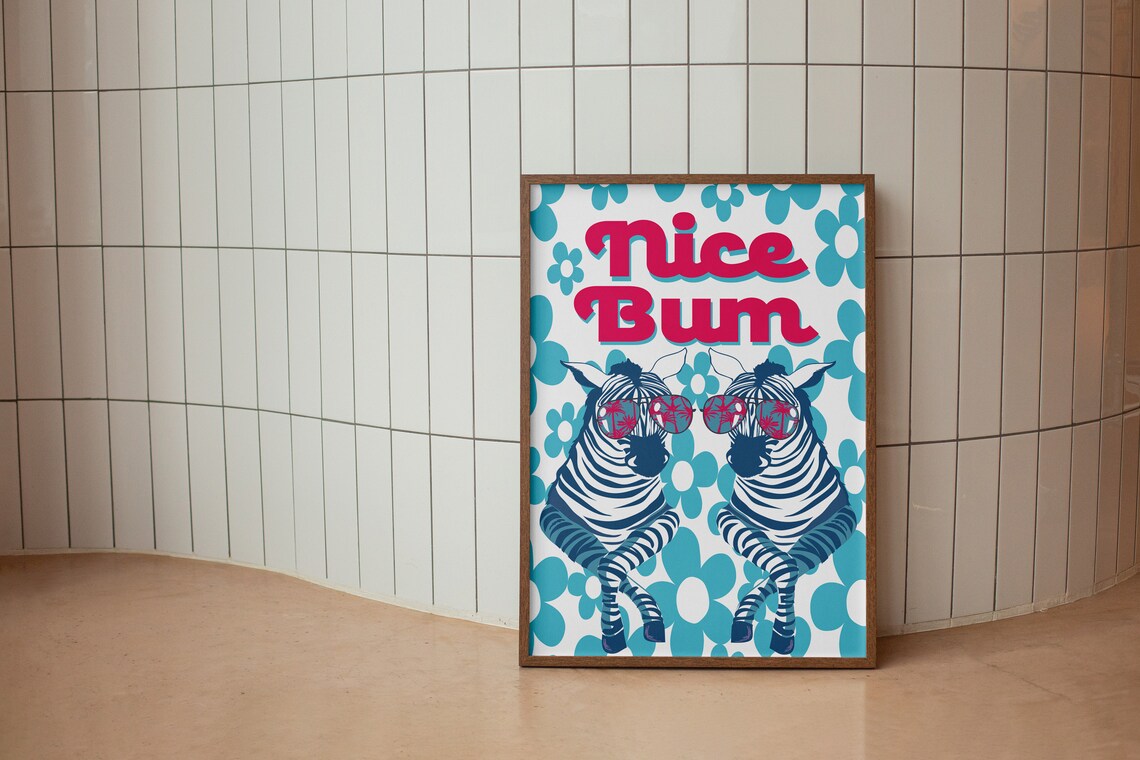 Funny Nice Bum Zebras Wearing Sunglasses Teal Floral Art Poster - Image 2