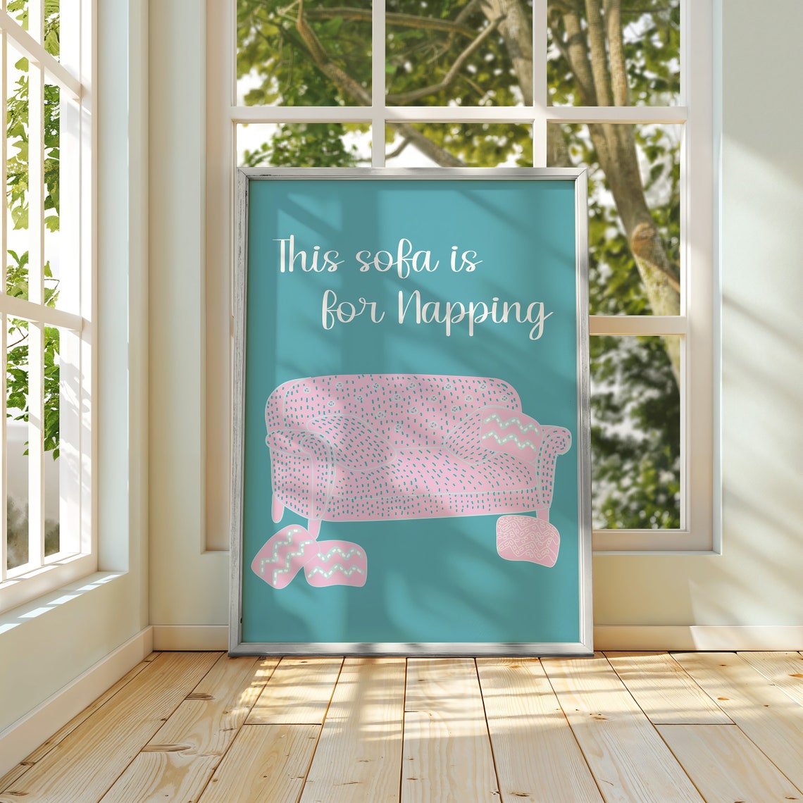 This Sofa Is For Napping Pink Teal Cozy Illustrated Sofa Wall Art - Image 2