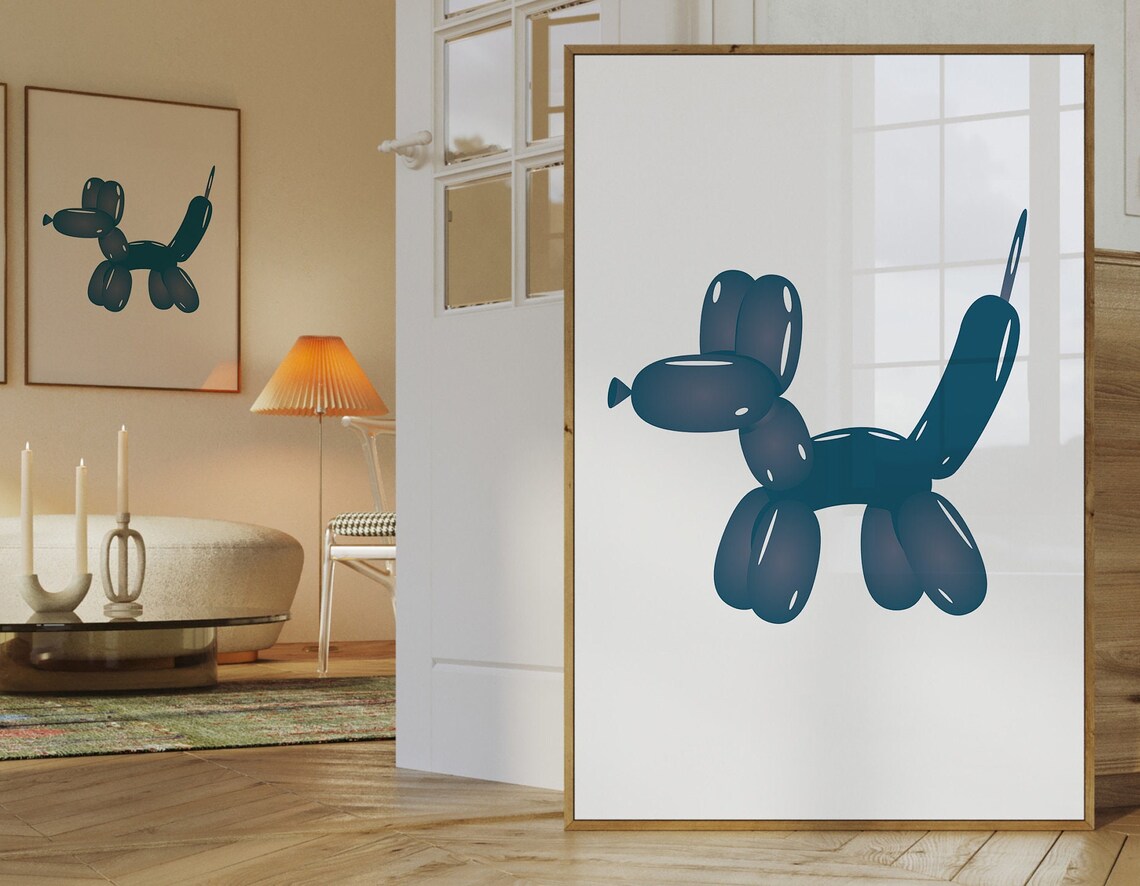 Navy Blue Balloon Dog Pop Art on Cream Minimalist Art Poster - Image 2